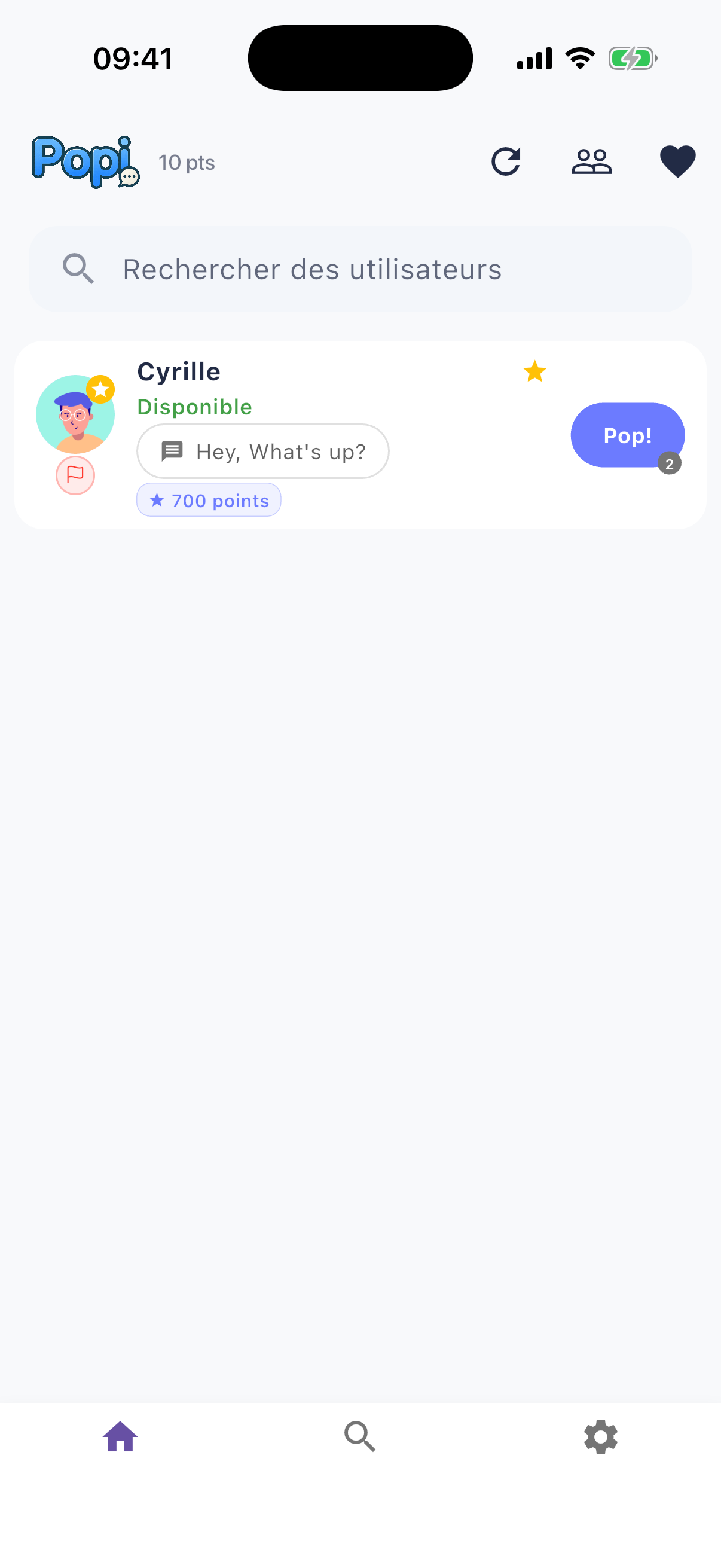 Liste d'amis dans l'application Popi !, avec le bouton d'envoi d'un pop