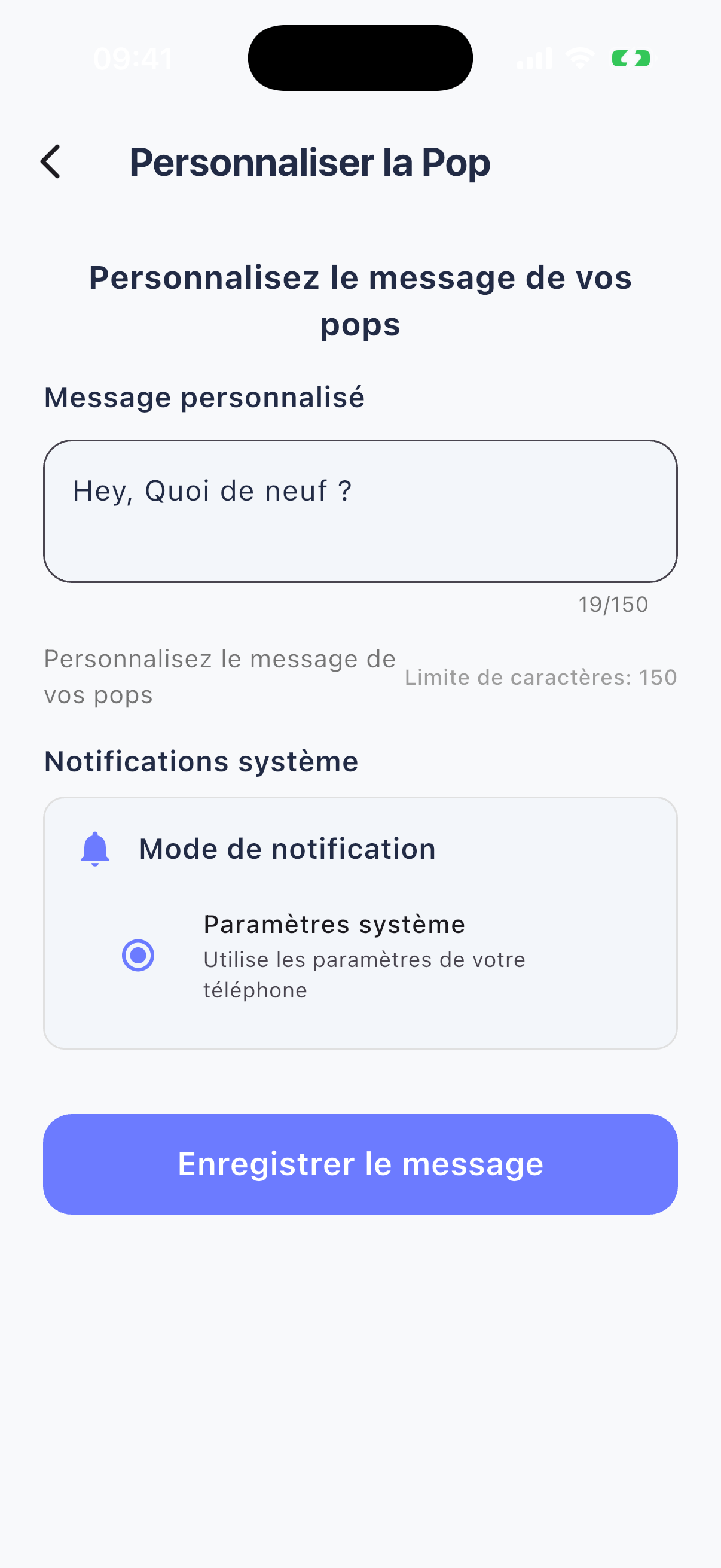 Écran de personnalisation du message envoyé avec un pop